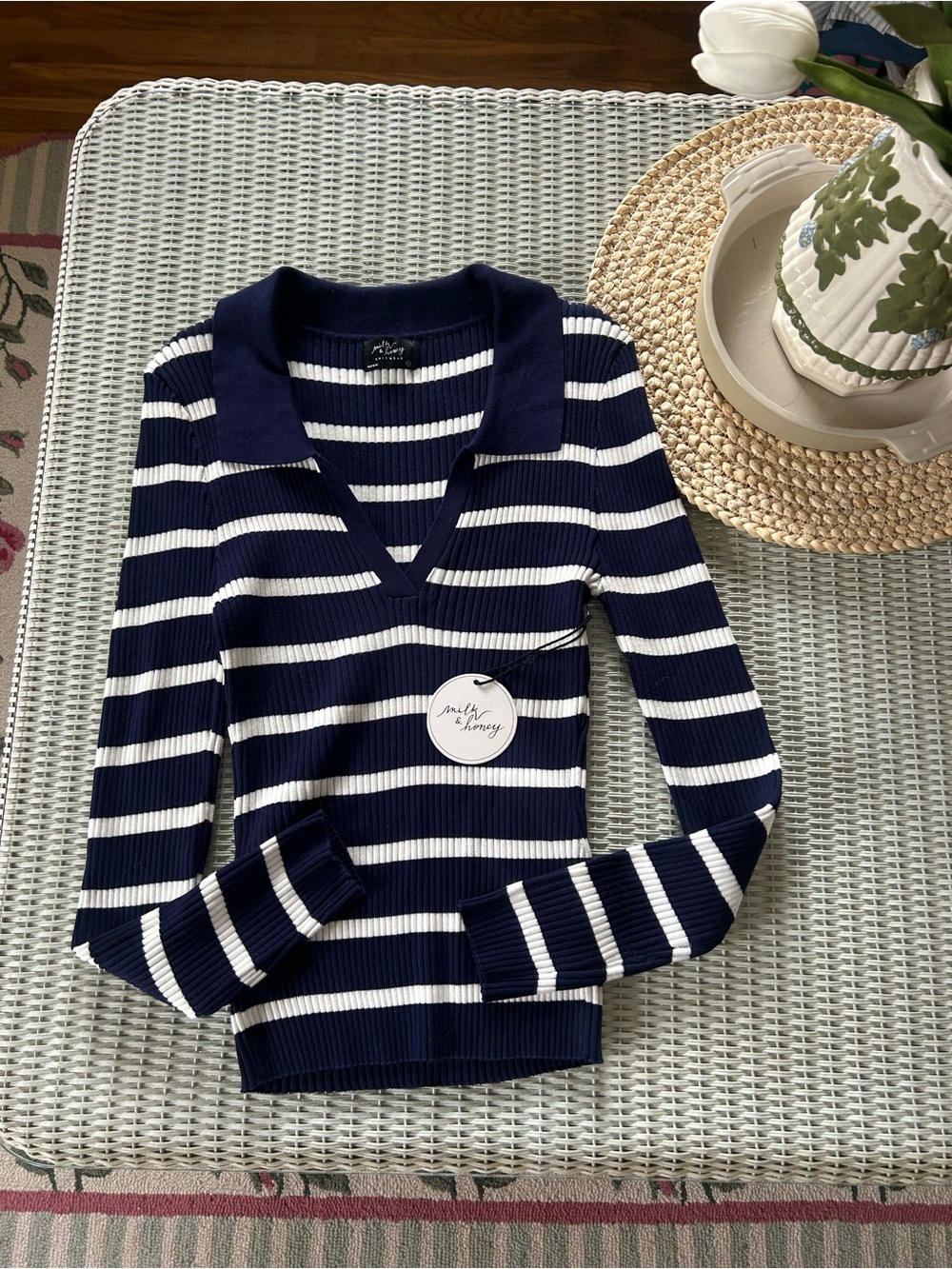 Navy and White Striped V-Neck Polo Sweater
